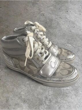 Coach Mistie Metallic Silver and Cream High-Top Sneakers